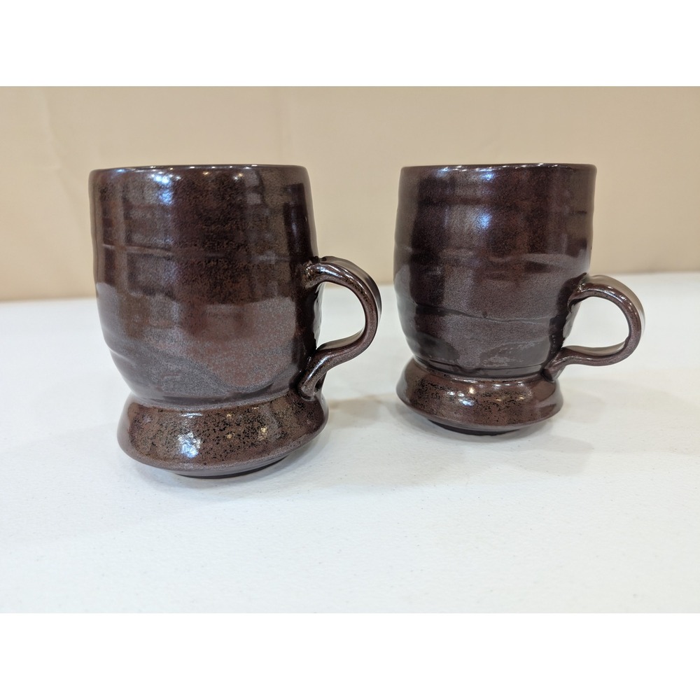 Artisan Pottery Mugs Pair Brown‎ Glazed Ceramic Coffee Tea Cups Handmade - Picture 3 of 9